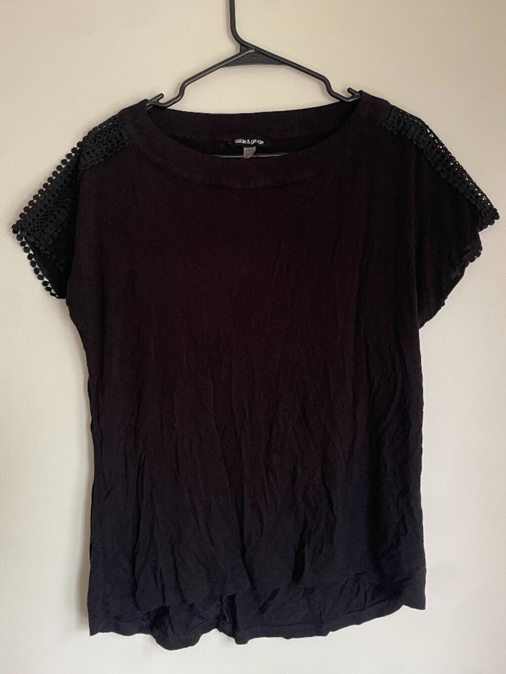 Cable & Gauge Black Crochet Lace Shoulder Top Women's M Boho Blouse